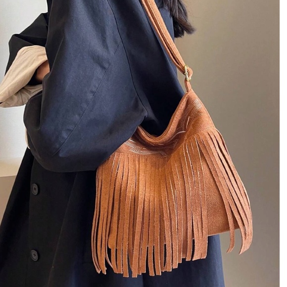 Boho Fringe Vegan Suede Hobo Shoulder Crossbody bag - Picture 6 of 12